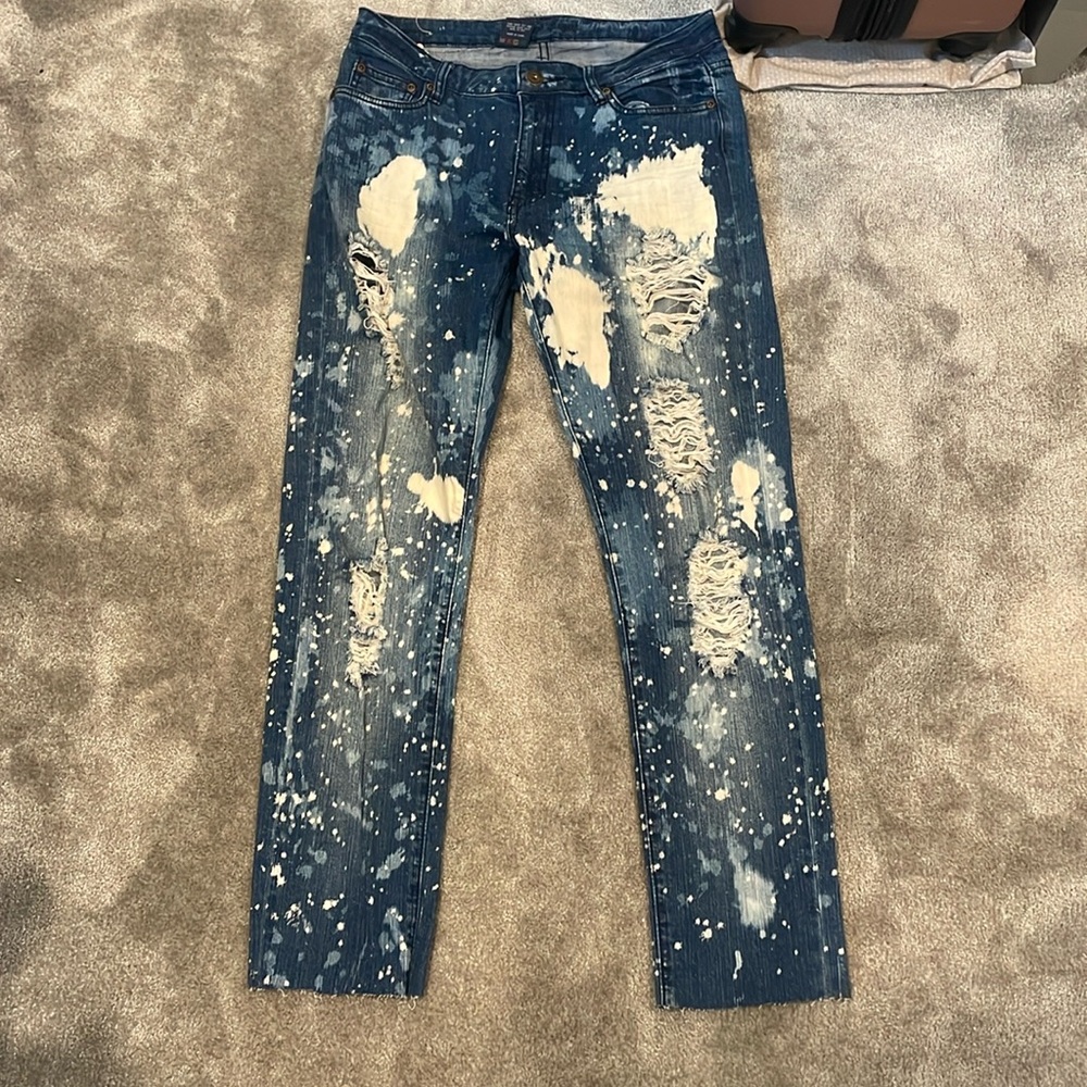 Blue and White Washed Splatter Paint Ripped Jeans